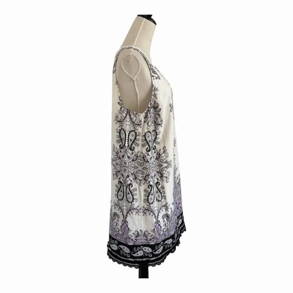 Loft Linen Blend Sleeveless Dress Womens Size 10 Cream Purple Lace Trim Paisley